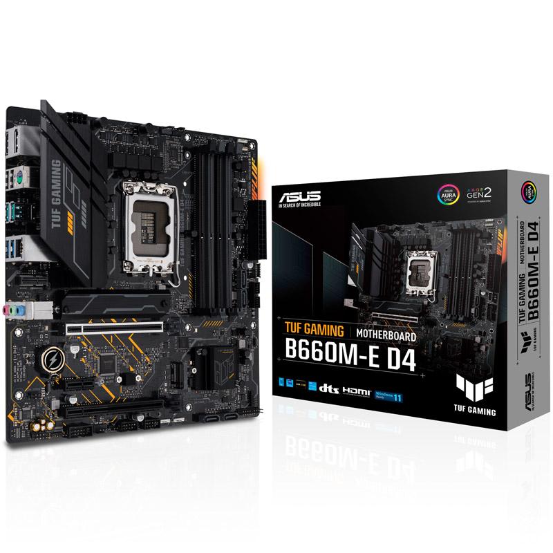 Pagrindinė plokštė Asus TUF GAMING B660M-E D4 Procesorių šeima Intel procesoriaus lizdas LGA1700 DDR4 DIMM Atminties lizdai 4 Palaikomos standžiojo disko sąsajos SATA, M.2 SATA jungčių skaičius 4 Mikroschemų rinkinys Intel B660 microATX