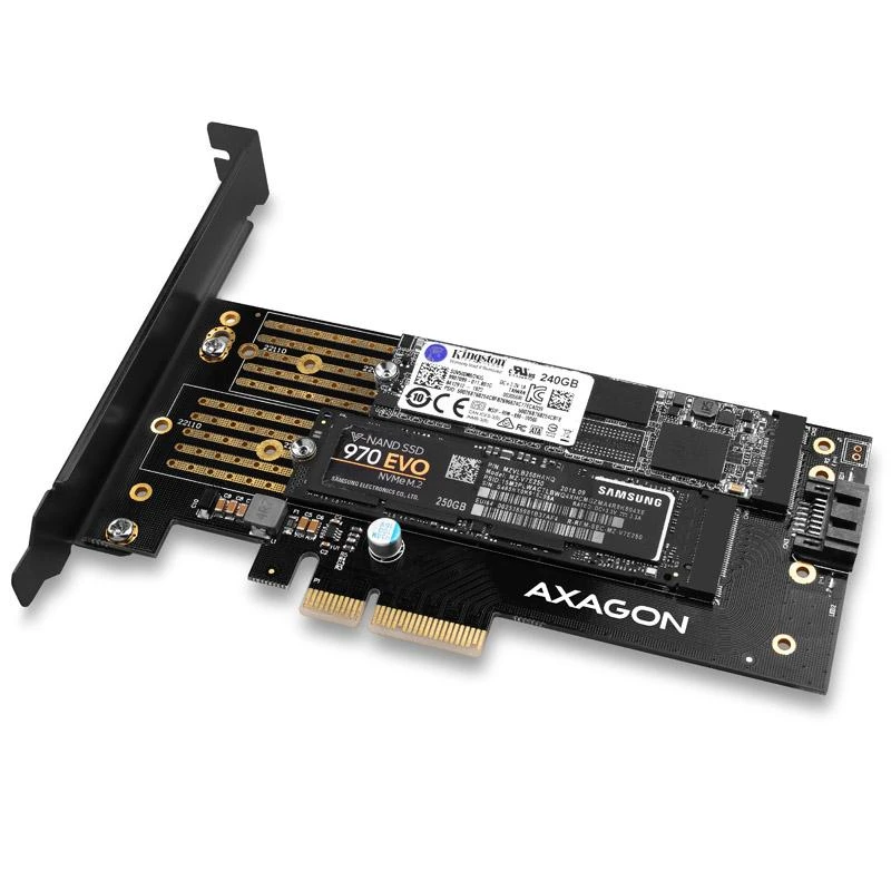 AXAGON PCEM2-D PCI-E 3.0 4x - DUAL M.2 SSD (NVMe + SATA), dual voltage, iki 110mm SSD