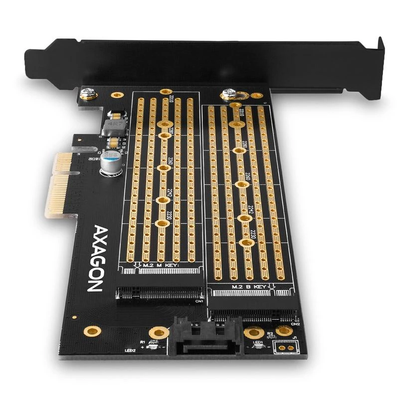 AXAGON PCEM2-D PCI-E 3.0 4x - DUAL M.2 SSD (NVMe + SATA), dual voltage, iki 110mm SSD