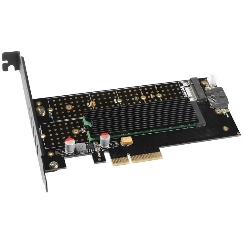 AXAGON PCEM2-DC PCI-E 3.0 4x - DUAL M.2 SSD (NVMe + SATA), dviguba įtampa, iki 110 mm SSD, ventiliatorius + radiatorius