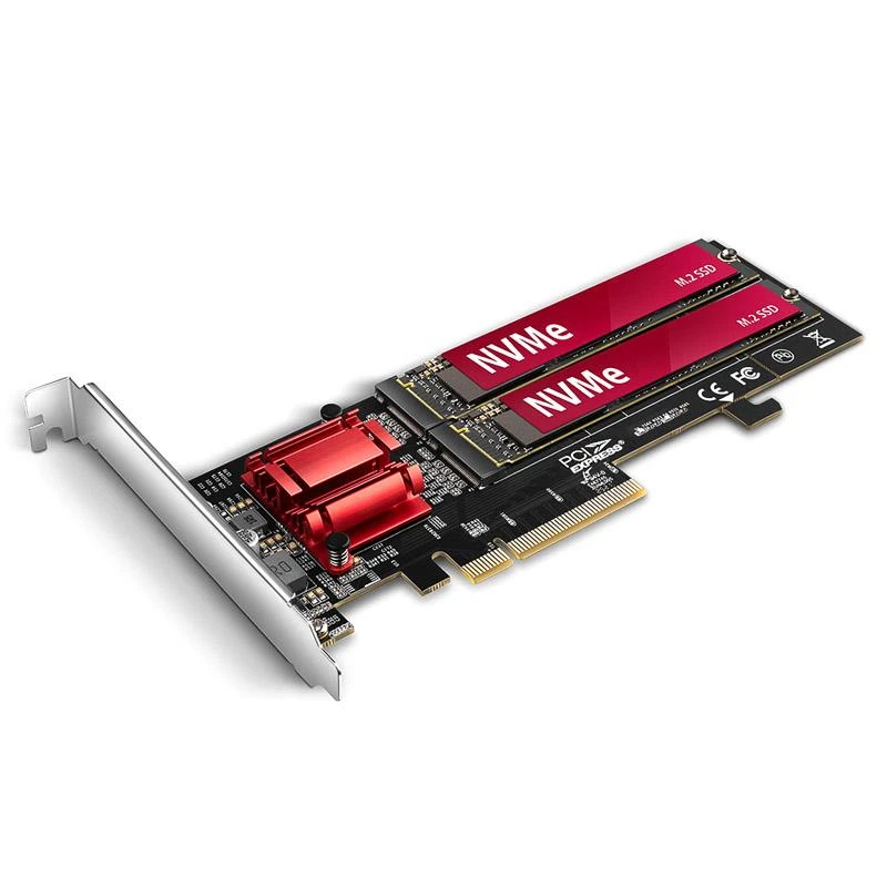 Axagon PCEM2-ND PCIE 2X NVME M.2 CONTROLLERPCI-Express x8 vidinis valdiklis, skirtas dviejų NVMe M.2 SSD diskų prijungimui prie kompiuterio. Palaiko pagrindines plokštes be PCIe Bifurcation.