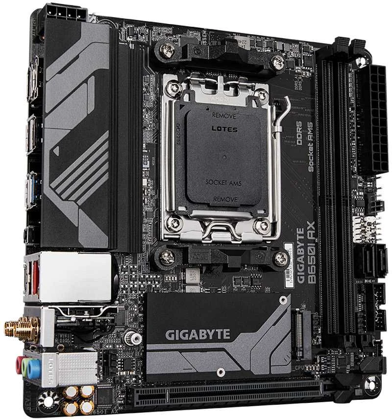 Pagrindinė plokštė „Gigabyte“ | B650I AX 1.0 | Procesorių šeima AMD | Procesoriaus lizdas AM5 | DDR5 DIMM | Palaikomos standžiojo disko sąsajos SATA, M.2 | SATA jungčių skaičius 2