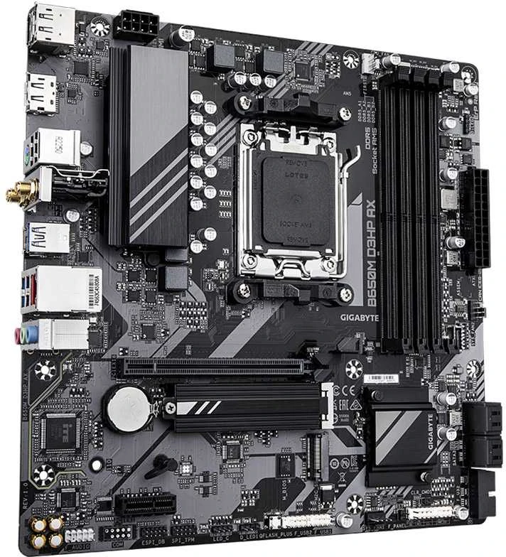 „Gigabyte“ | B650M D3HP AX 1.0 pagrindinė plokštė | Procesorių šeima AMD | Procesoriaus lizdas AM5 | DDR5 | Palaikomos standžiojo disko sąsajos SATA, M.2 | SATA jungčių skaičius 4