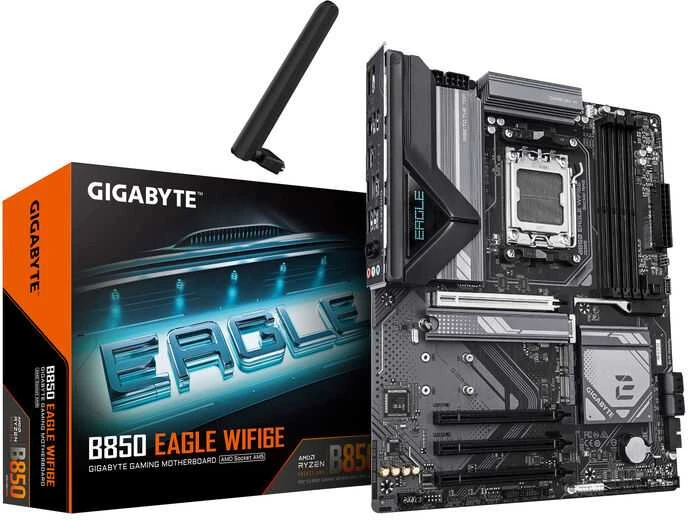 Pagrindinė plokštė Gigabyte B850 EAGLE WIFI6E | Procesorių šeima AMD | Procesoriaus lizdas AM5 | DDR5 | Palaikomos standžiojo disko sąsajos SATA, M.2 | SATA jungčių skaičius 4