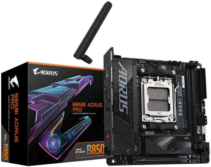 Pagrindinė plokštė Gigabyte B850I AORUS PRO | Procesorių šeima AMD | Procesoriaus lizdas AM5 | DDR5 | Palaikomos standžiojo disko sąsajos SATA, M.2 | SATA jungčių skaičius 2