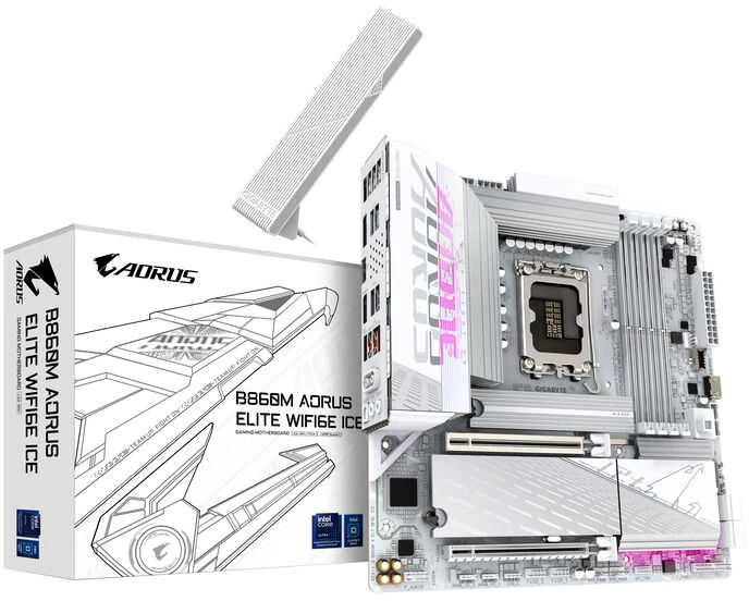 GIGABYTE B860M AORUS ELITE WF6E ICE pagrindinė plokštė – Intel Core Ultra serijos procesoriai, 12+1+2+1 fazių VRM, iki 9200MHz DDR5, 1xPCIe 5.0 + 2xPCIe 4.0 M.2, 2.5GbE 4E, USB