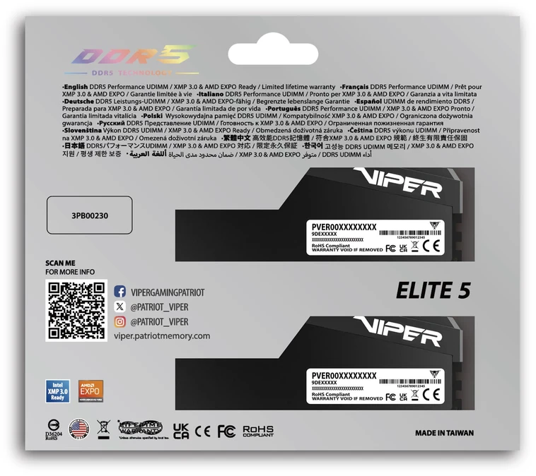 Patriot Viper Gaming Elite 5 Ultra DDR5-6000 RAM, CL 28, AMD EXPO, XMP 3.0 – 2x 24GB, juodas