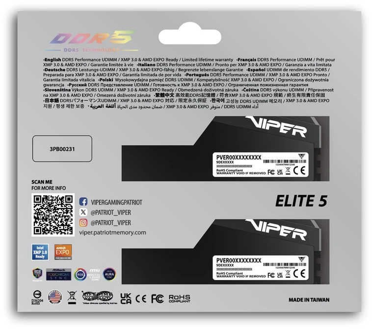 RAM Atmintis Patriot Viper Elite 5 RGB Ultra, DDR5, 64 GB, 6400MHz, CL32 (VEUR564G6432K)