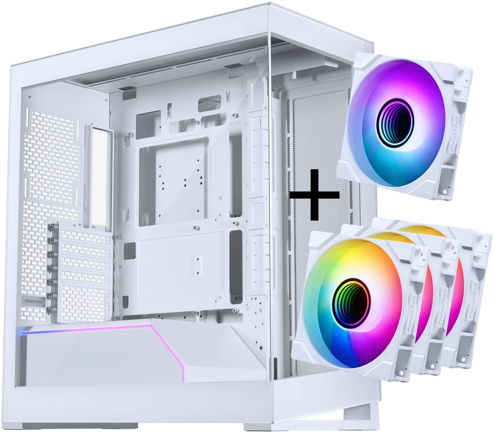 PHANTEKS NV Series NV5 MK2 ATX Case, Tempered Glass, DRGB - Matte Baltas + 3 Pack M25 Gen2 PWM D-RGB Fans Reverse Blade + 1x Standard Fan - 120mm