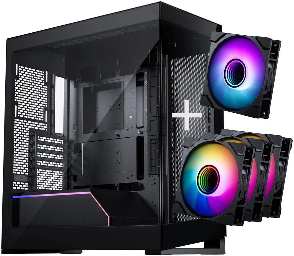 PHANTEKS NV Series NV5 MK2 ATX Case, Tempered Glass, DRGB - Satin Juodas + 3 Pack M25 Gen2 PWM D-RGB Fans Reverse Blade + 1x Normal Fan - 120mm