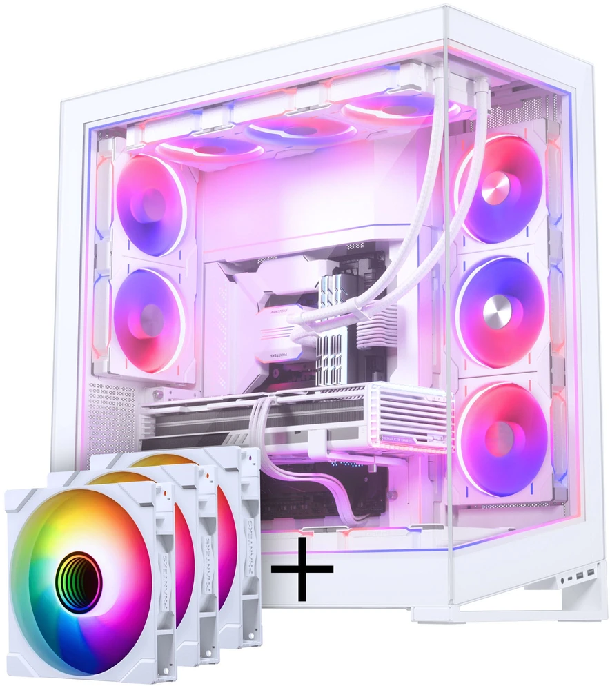 PHANTEKS NV-Series NV9 MK2 PC case, EATX, DRGB, Tempered Glass - baltas + M25 Gen2 PWM D-RGB fan 3-pack - Reverse Blade, 140mm, baltas + DRGB kit