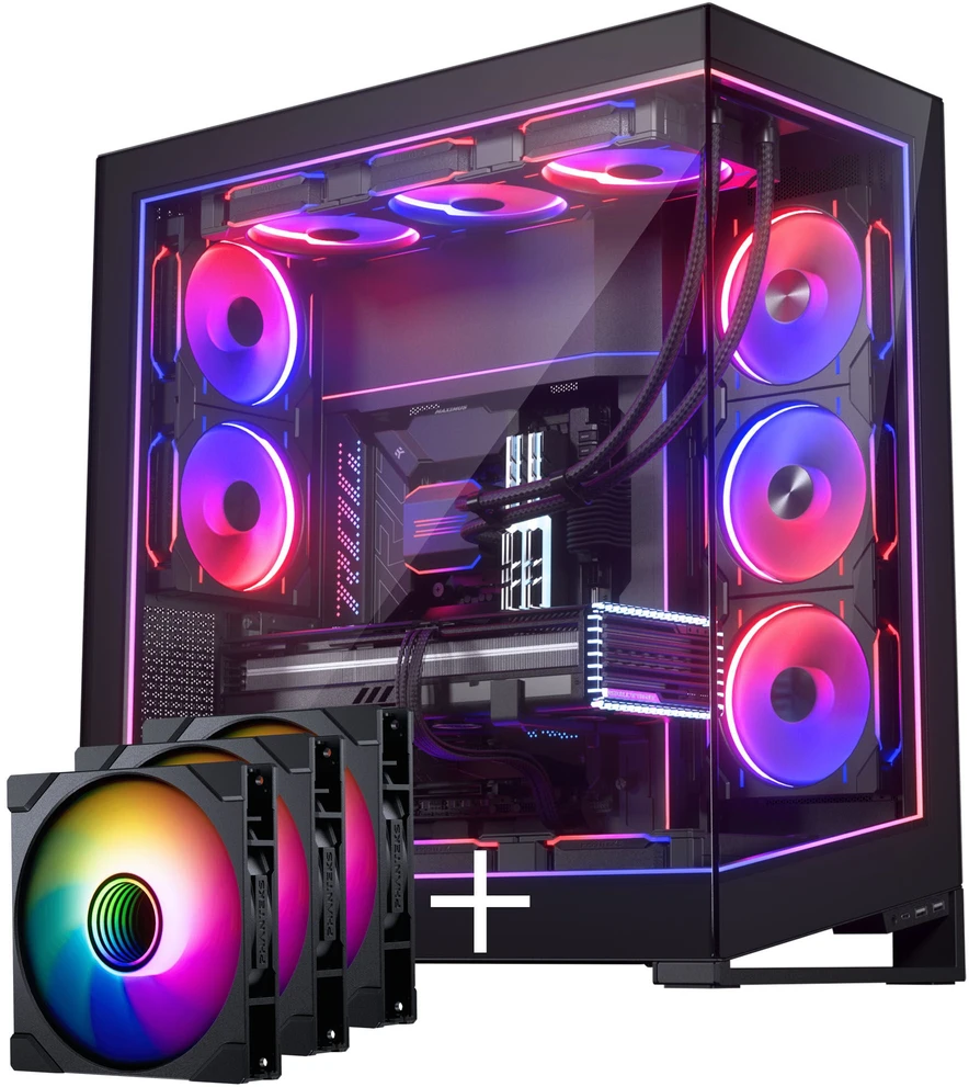 PHANTEKS NV-Series NV9 MK2 PC case, EATX, DRGB, Tempered Glass - juodas + M25 Gen2 PWM D-RGB fan 3-pack - Reverse Blade, 140mm, juodas + DRG