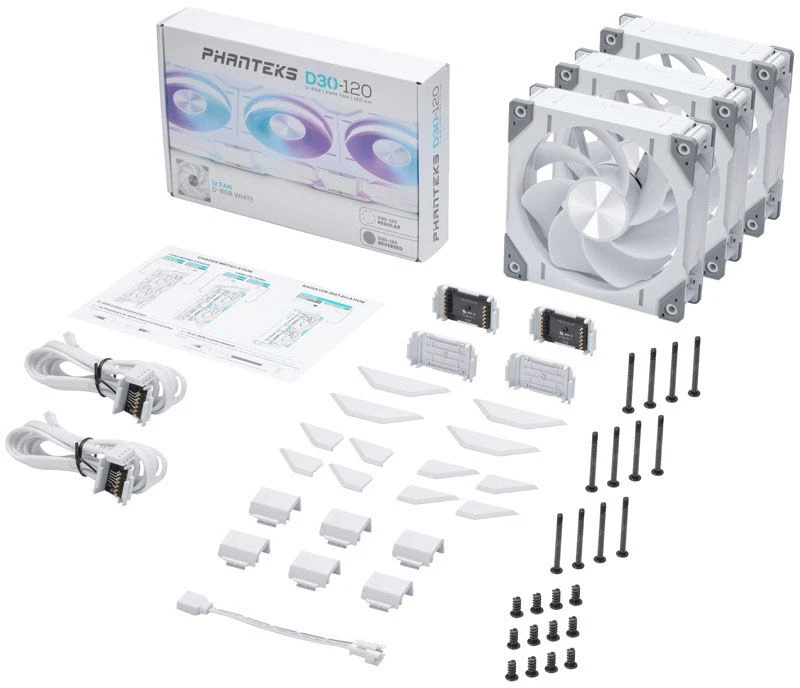 PHANTEKS NV7 - baltas + D30 PWM Reverse Airflow D-RGB fan, 3-pack - 120mm