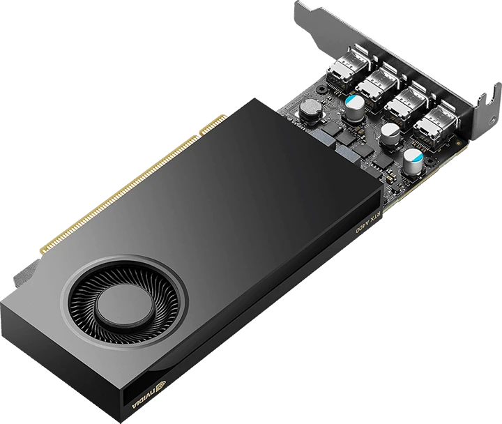 PNY NVIDIA A400 4GB žemo profilio OEM versija, PCI-Express 3.0 x16, LP, 4 GB GDDR6 64 bitų, 3x Mini DP 1.4, 1x ATX laikiklis