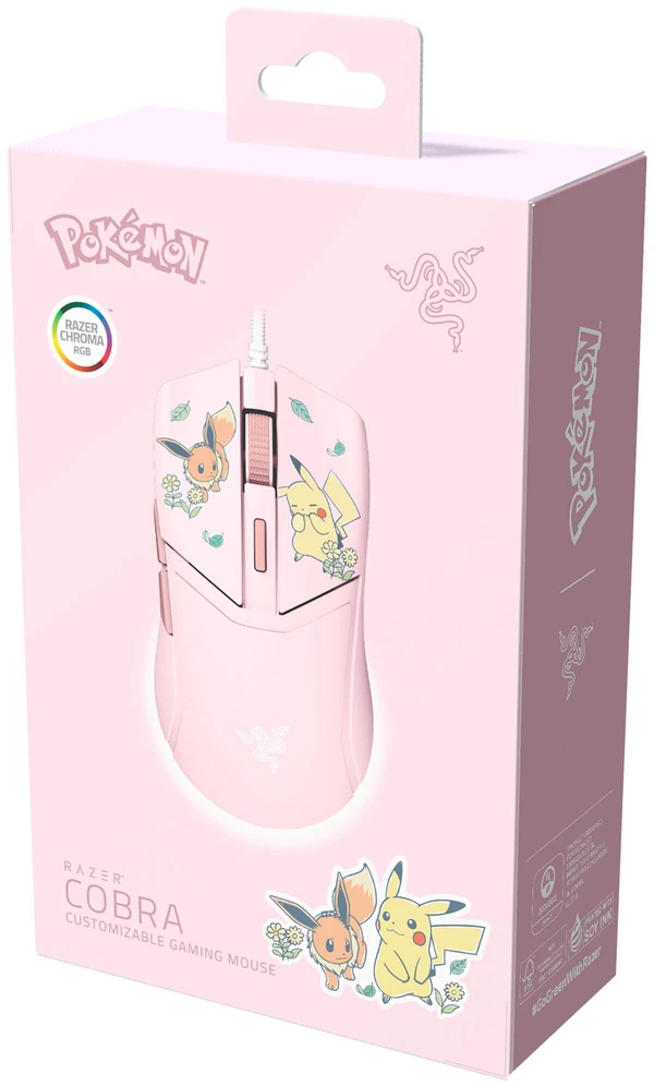 Razer Cobra Pelė žaidimams, su laidu, 8,500 DPI, Chroma RGB – Pikachu/Eevee