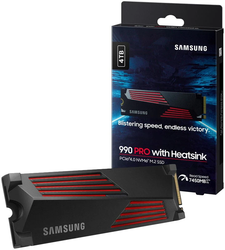 Kietasis diskas SSD SAMSUNG 990 PRO with Heatsink, 4TB, M.2, PCIe Gen4, NVMe, TLC, Rašymo greitis 6900 MBytes/sec, Skaitymo greitis 7450 MBytes/sec, TBW 2400 TB, MTBF 1500000 hours, MZ-V9P4T0CW