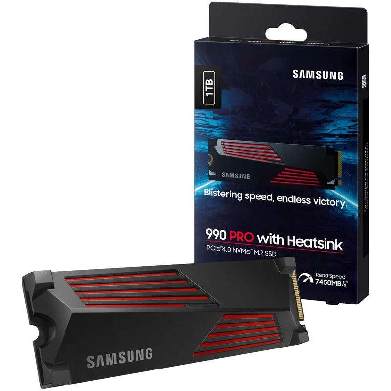 Vidinė atmintis SSD Samsung 990 PRO with Heatsink/1TB/M.2/PCIE/NVMe|MLC/Rašymo greitis 6900 MBytes/sec/Skaitymo greitis 7450 MBytes/sec/2.3mm/TBW 600 TB/MTBF 1500000 hours/MZ-V9P1T0CW