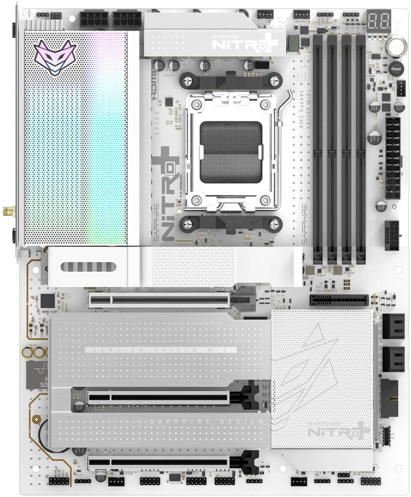 „Sapphire Nitro+ X870EA PhantomLink Polar Edition“ pagrindinė plokštė, AMD X870E, AM5 lizdas, DDR5