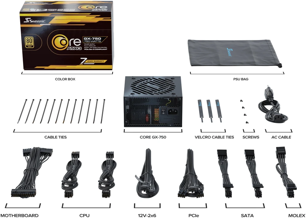 Seasonic Core GX 80 PLUS Gold PSU, modular, ATX 3.1, PCIe 5.1 – 750 Watt, juodos spalvos