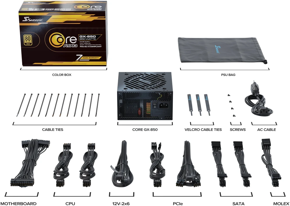 Seasonic Core GX 80 PLUS Gold PSU, modular, ATX 3.1, PCIe 5.1 – 850 Watt, juodos spalvos