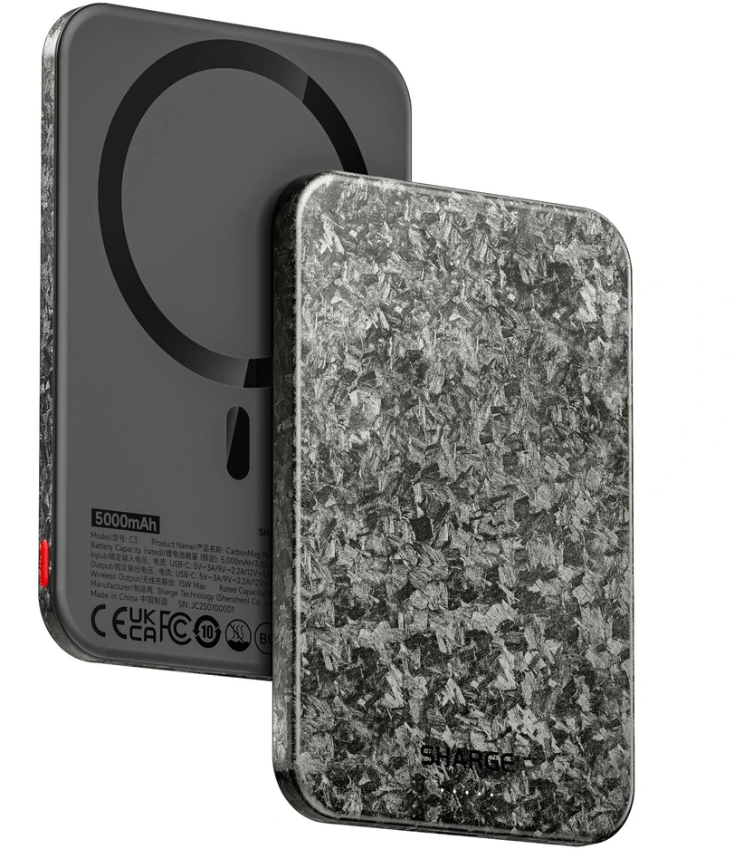 Azo SHARGE CarbonMag 5K nešiojamasis akumuliatorius, 15W Qi, 20W USB-C - 5.000mAh, juoda (YDD-SG-C3TXWCX-HEI)