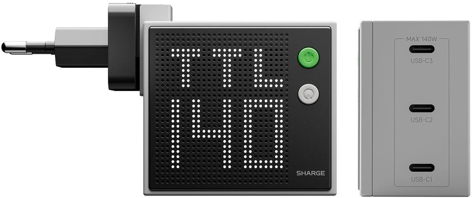 Įkroviklis PowerNeed SHARGE Pixel 140 GaN Charger, 140W, 3x USB-C, Dot Matrix Ekranas - pilkas (CDT-SG-140-EUR-DZP-HUI)