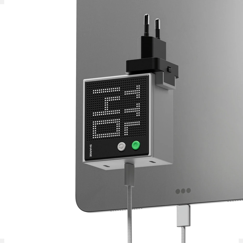 Įkroviklis PowerNeed SHARGE Pixel 140 GaN Charger, 140W, 3x USB-C, Dot Matrix Ekranas - pilkas (CDT-SG-140-EUR-DZP-HUI)