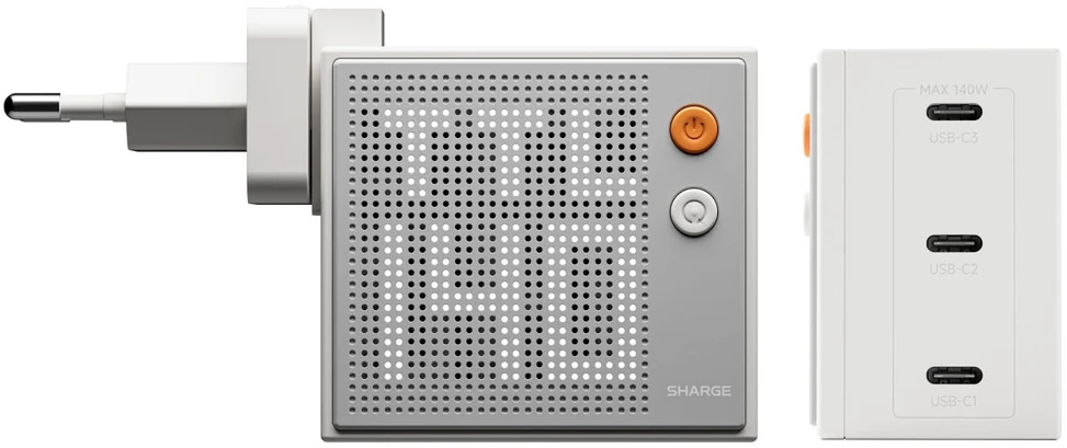 SHARGE Pixel 140 GaN Charger, 140W, 3x USB-C, Dot Matrix Ekranas - baltas