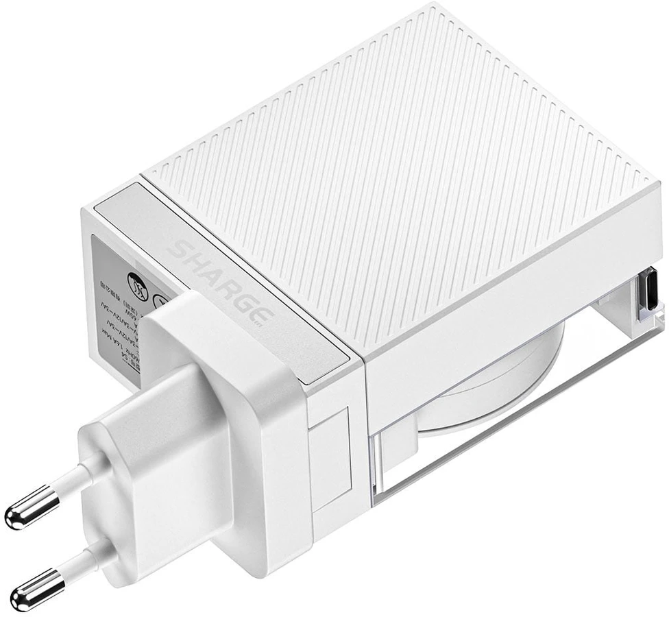 PowerNeed įkroviklis SHARGE Retractable 65 GaN Charger, 65W, 2x USB-C, integruotas USB-C kabelis – baltas (CDT-SG-65-EUR-CP-BAI)