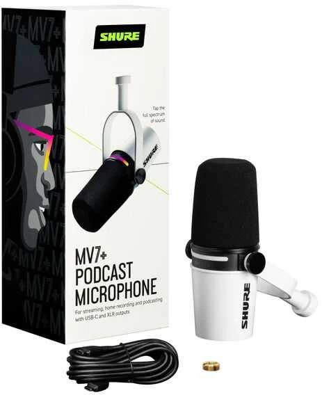 Shure MV7+-W - žodinis/balsinis mikrofonas su XLR/USB-C jungtimi, baltas