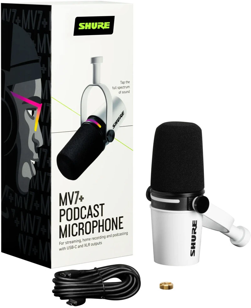 Shure MV7+-W - žodinis/balsinis mikrofonas su XLR/USB-C jungtimi, baltas