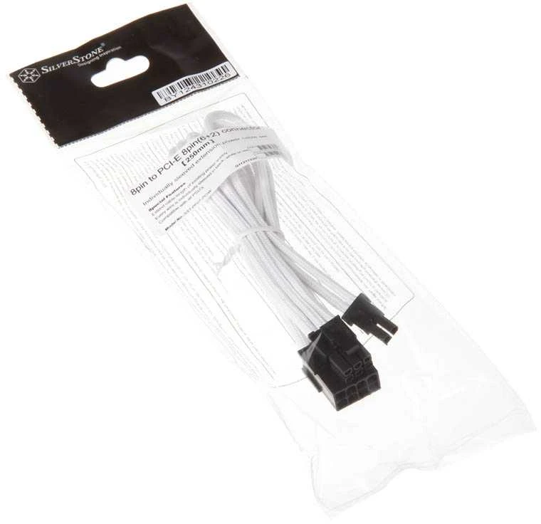 SilverStone 8-Pin-PCIe to 6+2-Pin-PCIe Extension – 250mm baltos spalvos