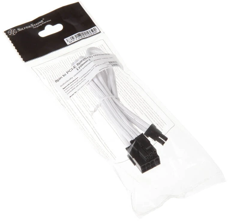 SilverStone 8-Pin-PCIe to 6+2-Pin-PCIe Extension – 250mm baltos spalvos