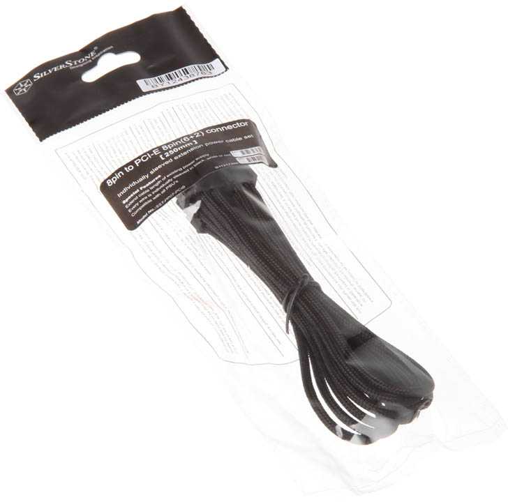 SilverStone 8 kontaktų PCIe į 6+2 kontaktų PCIe prailginimo kabelis, 250 mm, juodas