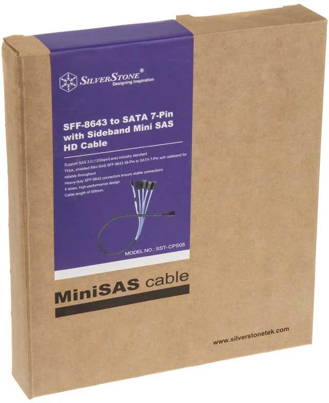 „SilverStone SST-CPS05 Mini-SAS“ į SATA 7 kontaktų kabelis – 50 cm
