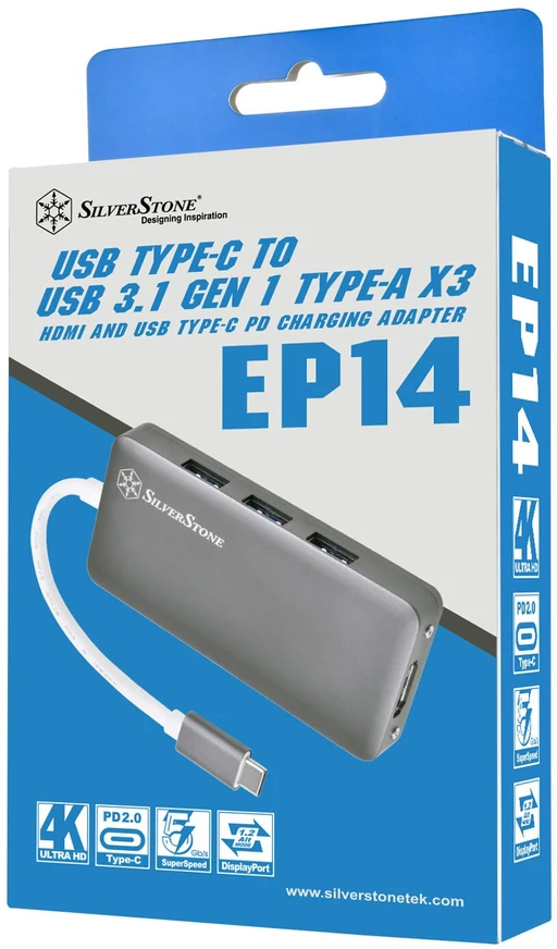 HUB USB SilverStone SST-EP14C - USB 3.1 Typ-C Gen1 auf HDMI, 3x USB 3.1 Gen 1 Type-A, 1x USB 3.1 Gen 1 Type-C (PD 2.0 charging)