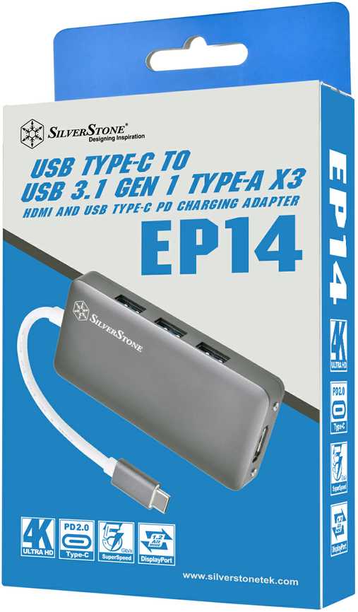 HUB USB SilverStone SST-EP14C - USB 3.1 Typ-C Gen1 auf HDMI, 3x USB 3.1 Gen 1 Type-A, 1x USB 3.1 Gen 1 Type-C (PD 2.0 charging)