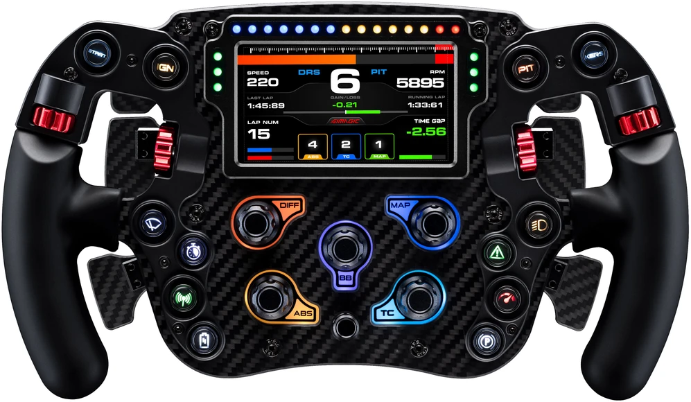 Žaidimų vairas SIMAGIC FX Pro su spalvotu ekranu, pilnai anglies pluošto, su šešiomis mentelėmis, QR50 jungikliu