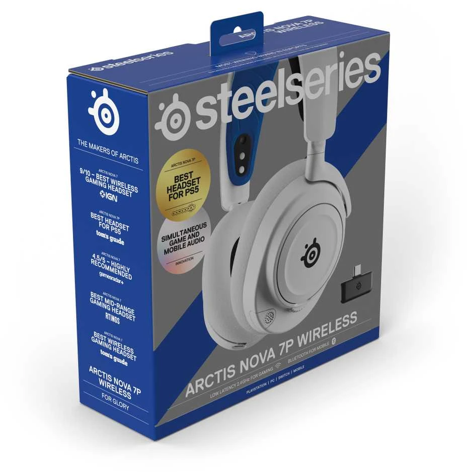 Belaidės ausinės su mikrofonu SteelSeries Arctis Nova 7P Over-Ear, Baltos/Mėlynos spalvos
