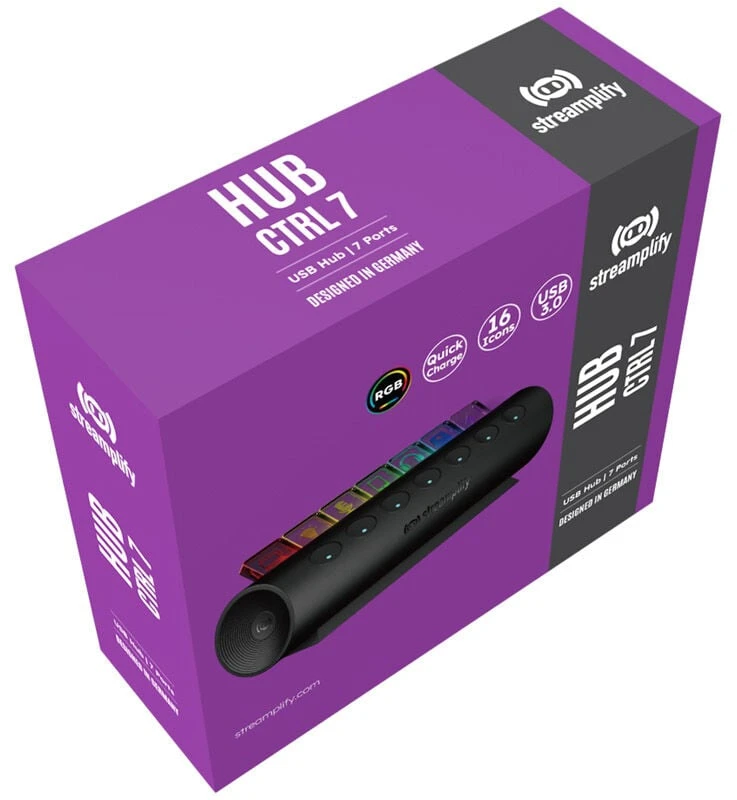 „Streamplify“ šakotuvas „Control 7“, 7x USB 3.0 A tipo, RGB, 12V, ES maitinimo kabelis – juodos spalvos