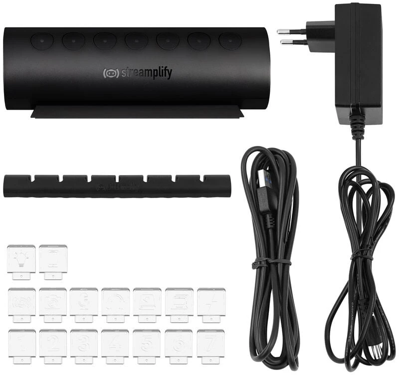 „Streamplify“ šakotuvas „Control 7“, 7x USB 3.0 A tipo, RGB, 12V, ES maitinimo kabelis – juodos spalvos