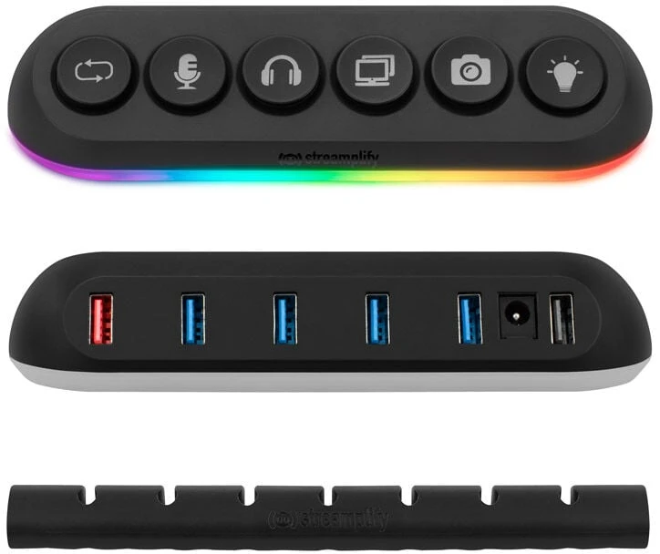 „Streamplify HUB DECK 5“, 4x USB 3.0, 1x USB 2.0, RGB, 12V, ES maitinimo laidas – juodos spalvos