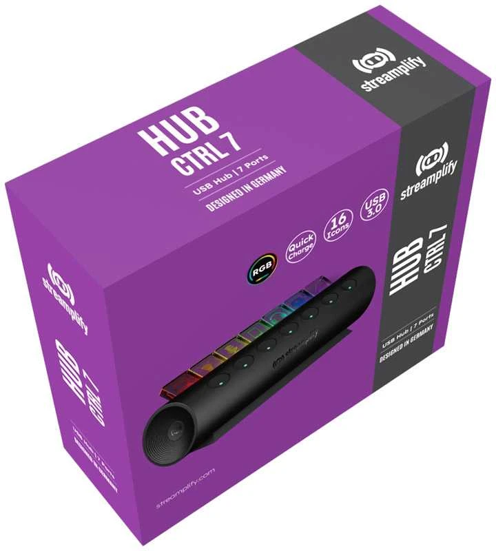 „Streamplify“ šakotuvas „Control 7“, 7x USB 3.0 A tipo, RGB, 12V, ES maitinimo kabelis – juodos spalvos