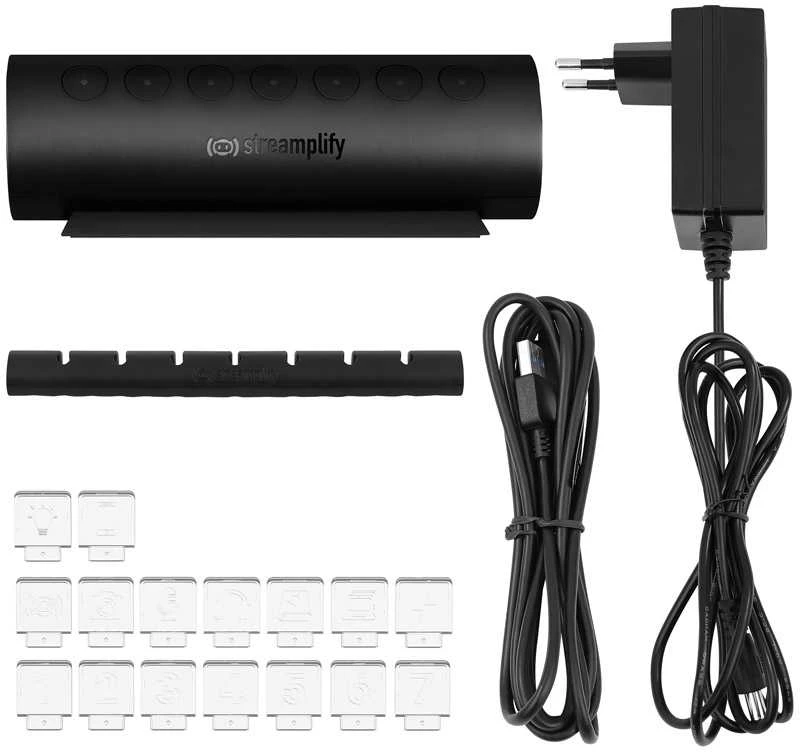 „Streamplify“ šakotuvas „Control 7“, 7x USB 3.0 A tipo, RGB, 12V, ES maitinimo kabelis – juodos spalvos