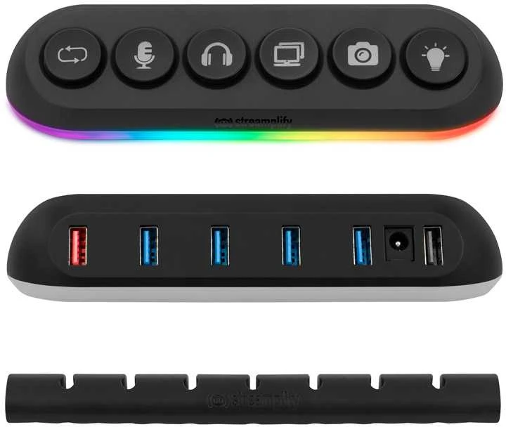 „Streamplify HUB DECK 5“, 4x USB 3.0, 1x USB 2.0, RGB, 12V, ES maitinimo laidas – juodos spalvos