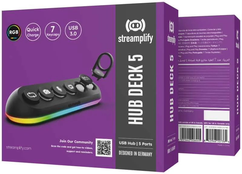 „Streamplify HUB DECK 5“, 4x USB 3.0, 1x USB 2.0, RGB, 12V, ES maitinimo laidas – juodos spalvos