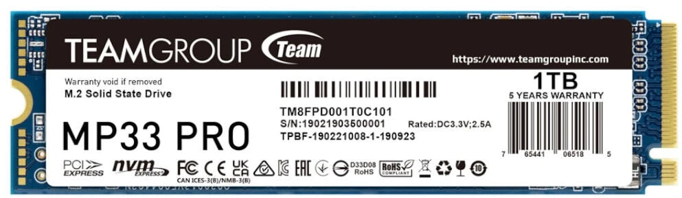 TEAM GROUP MP33 Pro 1TB PCIe Gen3 x4 NVMe M.2 SSD 2100/1700 MB/s