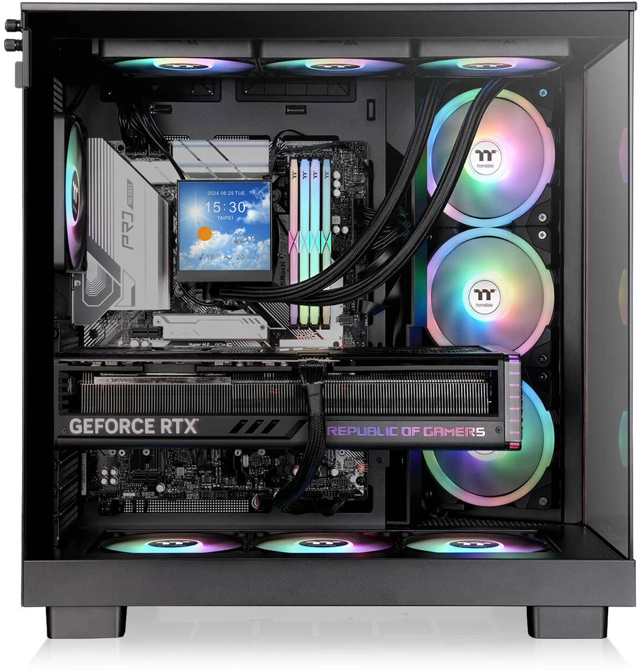 „Thermaltake View 380 XL WS ARGB“, bokšto tipo korpusas - medinis/juodas, 2 grūdinto stiklo plokštės, medinė konstrukcija