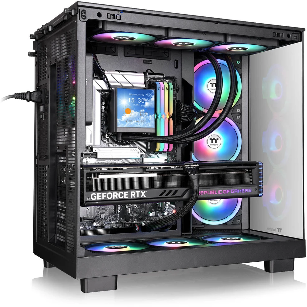 „Thermaltake View 380 XL WS ARGB“, bokšto tipo korpusas - medinis/juodas, 2 grūdinto stiklo plokštės, medinė konstrukcija