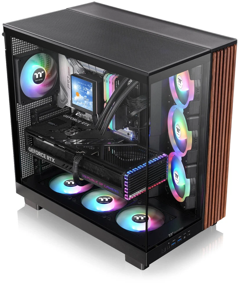 „Thermaltake View 380 XL WS ARGB“, bokšto tipo korpusas - medinis/juodas, 2 grūdinto stiklo plokštės, medinė konstrukcija